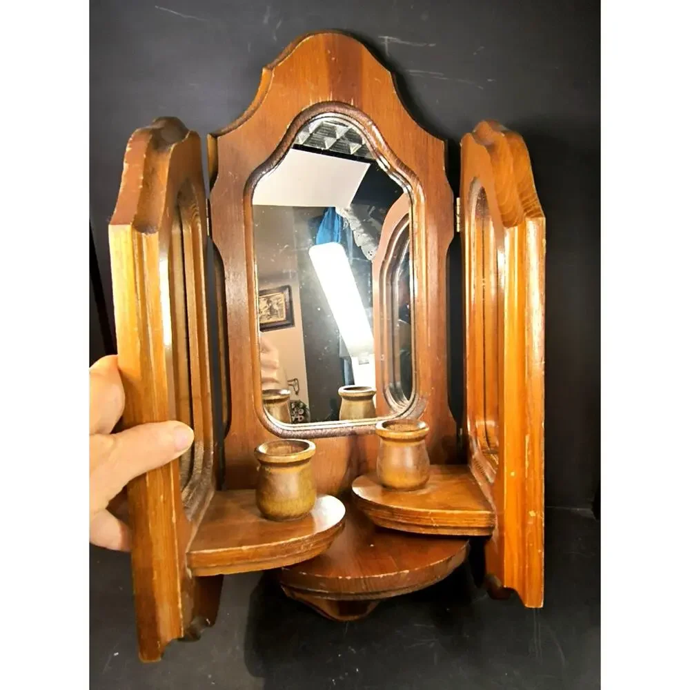 1812.  Vintage MCM Tri Fold Wooden Mirrored Sconce Shelf